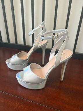 Aldo Iridescent Silver Platform Ankle-Strap Heels